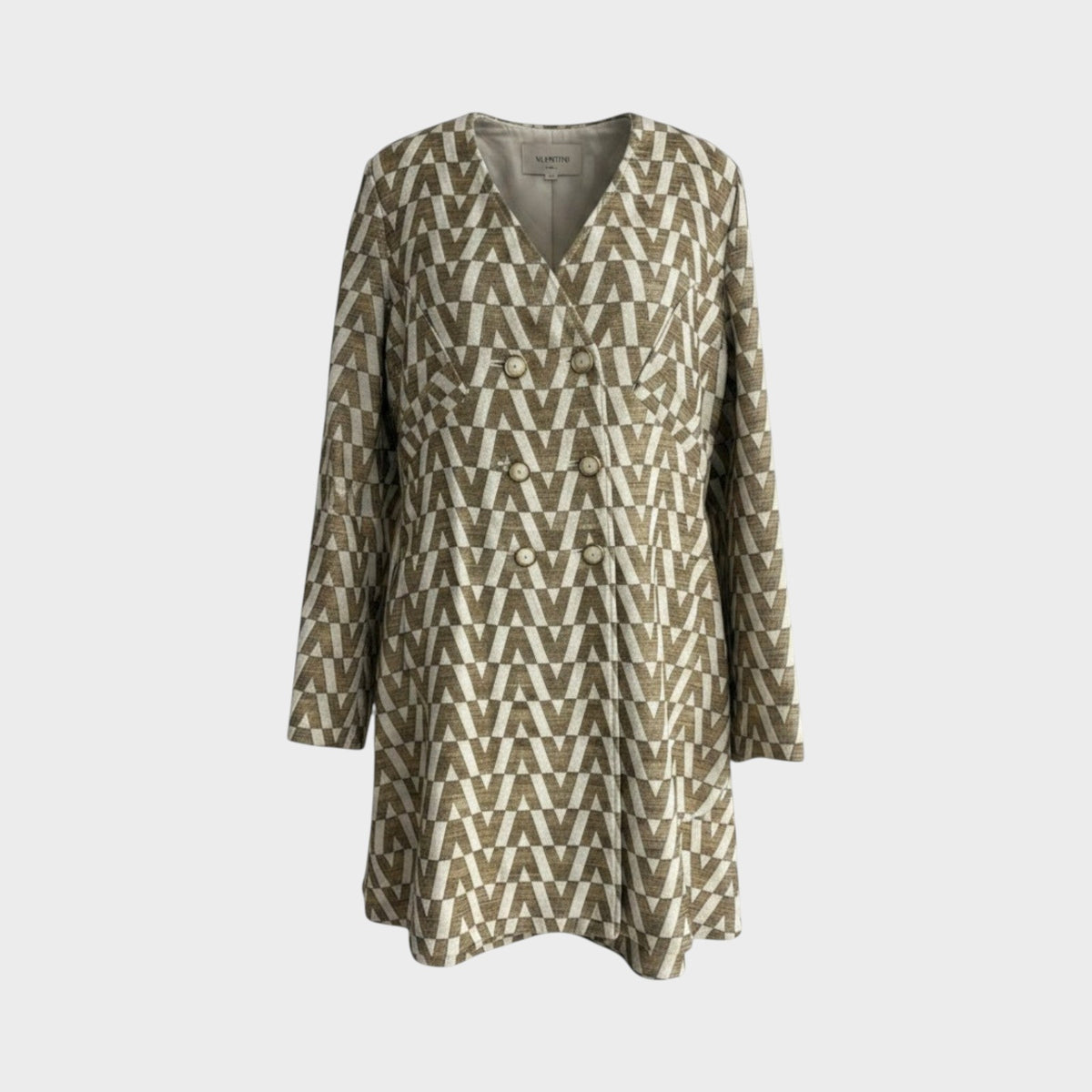 Tasoni Valentino brocade coat featuring a beige and white geometric V logo pattern with a double-breasted design.