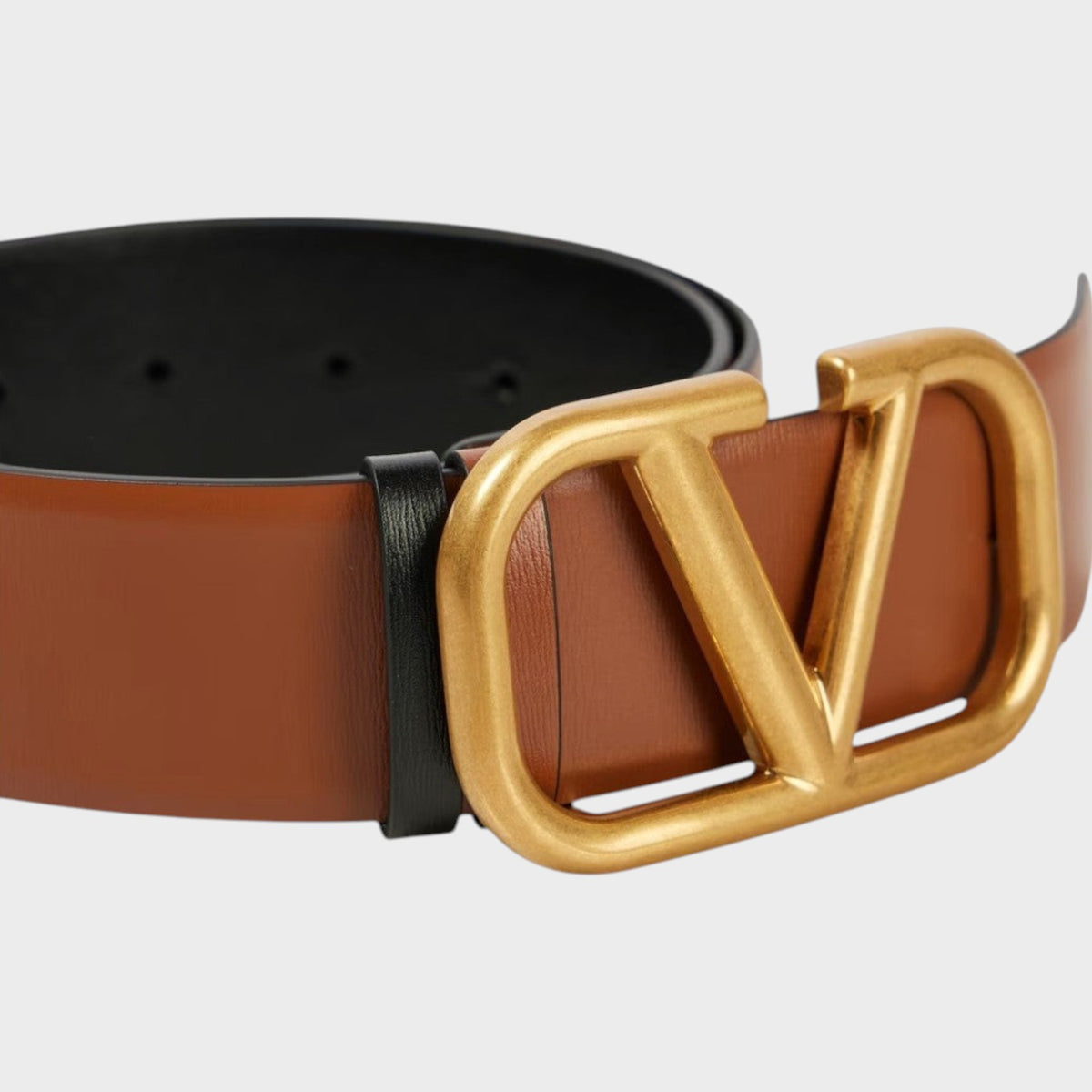 Tasoni Valentino V Logo belt in brown leather with a brushed gold-tone metal buckle