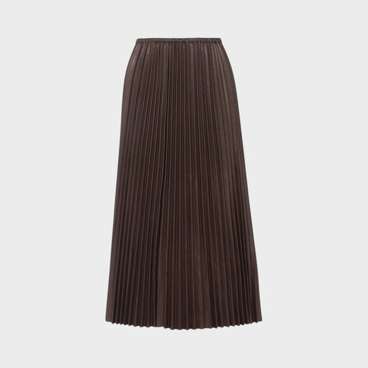 Tasoni Valentino dark brown nappa leather midi skirt with elegant vertical plisse pleats and an elasticated waist.