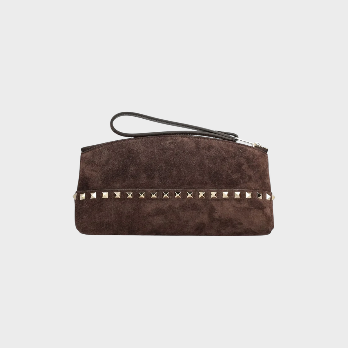 Tasoni Valentino Rockstud brown suede pouch with signature gold-tone pyramid studs and a convenient wrist strap.