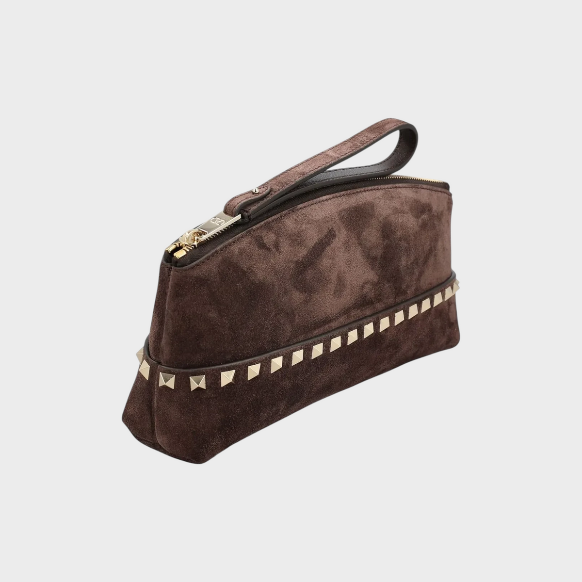 Tasoni Valentino Rockstud brown suede pouch featuring gold-tone pyramid studs and a convenient wrist strap.