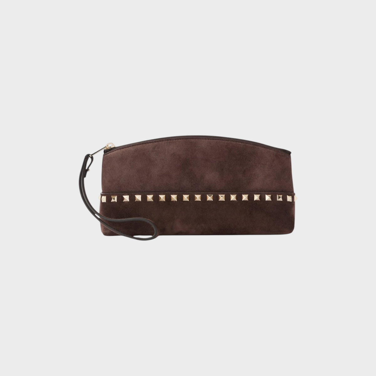 Tasoni Valentino Rockstud brown suede pouch with gold pyramid studs and a wrist strap on a light grey background.