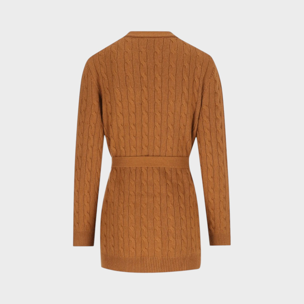 Tasoni Valentino bright cuir brown cashmere cable-knit belted cardigan with long sleeves and ribbed hem.