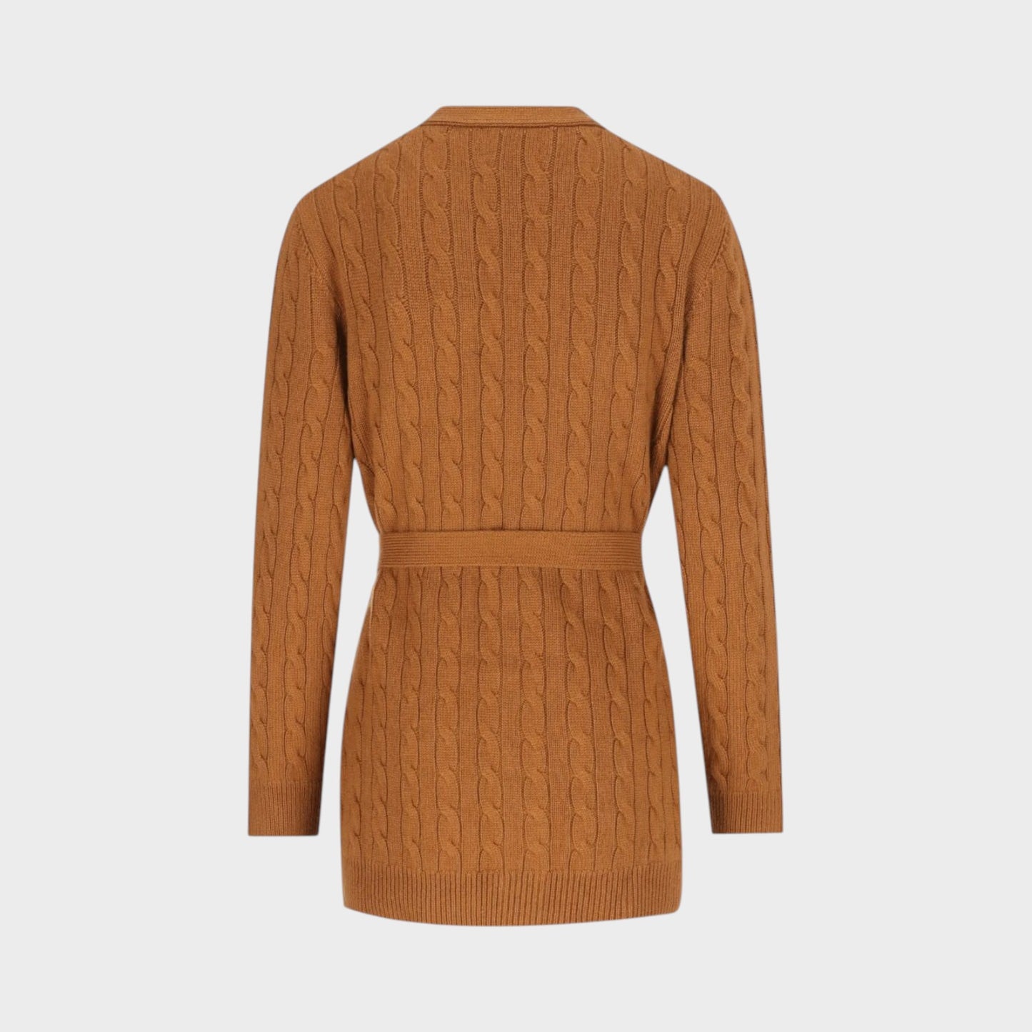 Tasoni Valentino bright cuir brown cashmere cable-knit belted cardigan with long sleeves and ribbed hem.
