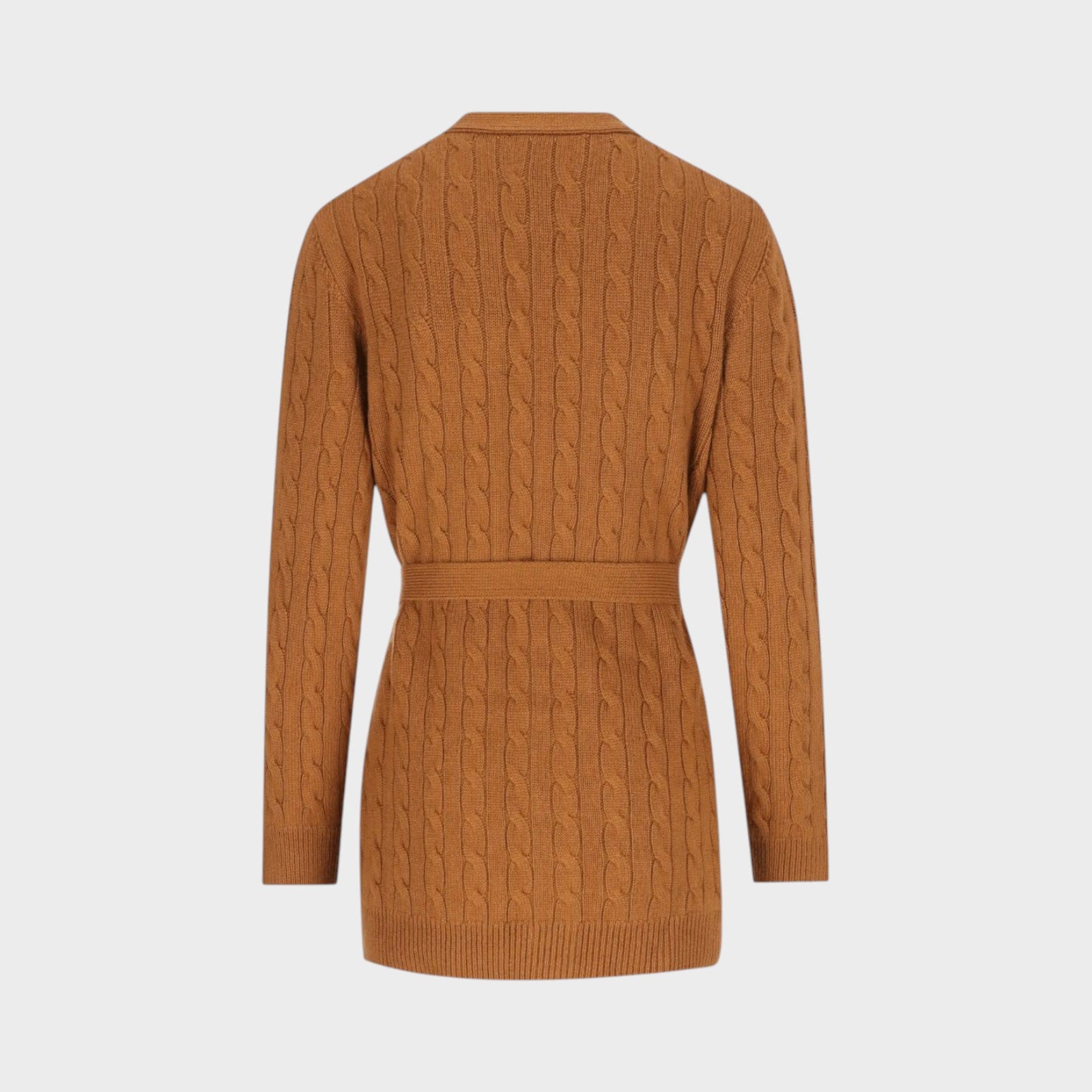 Tasoni Valentino bright cuir brown cashmere cable-knit belted cardigan with long sleeves and ribbed hem.