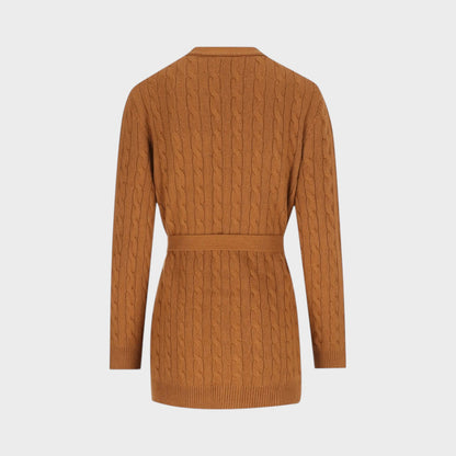 Tasoni Valentino bright cuir brown cashmere cable-knit belted cardigan with long sleeves and ribbed hem.