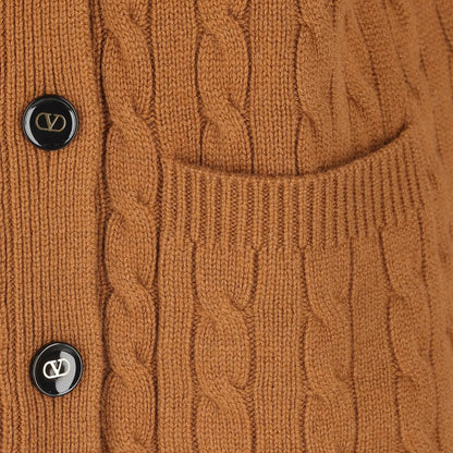 Tasoni Valentino brown cashmere cable-knit cardigan featuring black buttons with gold V logo detail and front pocket.