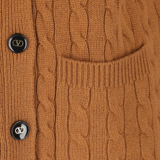 Tasoni Valentino brown cashmere cable-knit cardigan featuring black buttons with gold V logo detail and front pocket.
