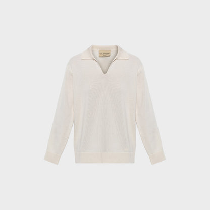 Tasoni Valentino cream cashmere V-neck polo sweater with long sleeves and ribbed cuffs and hem.