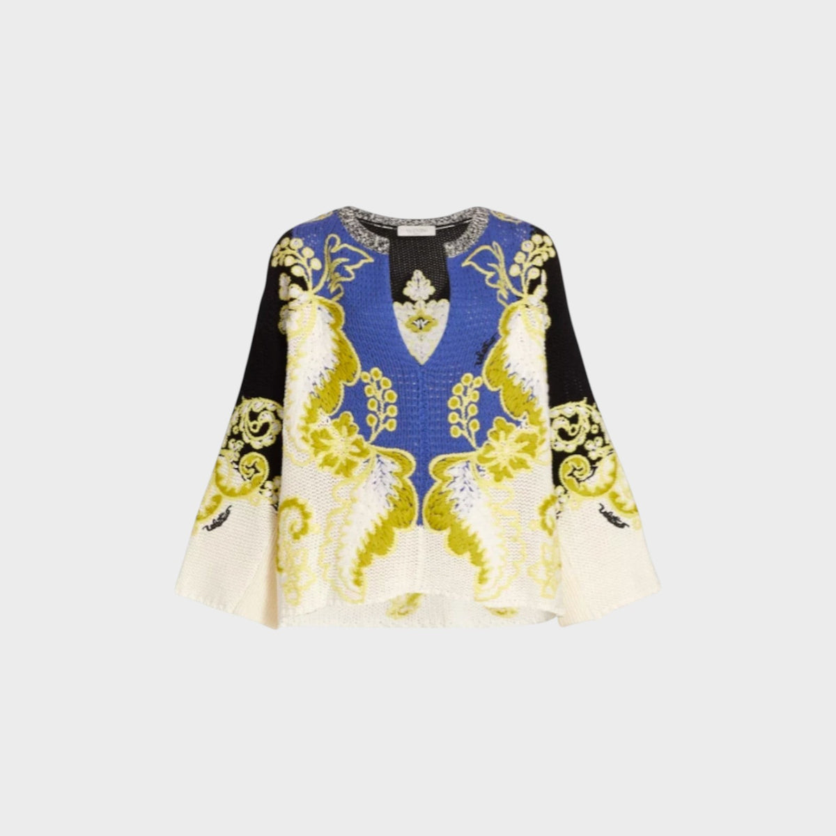 Tasoni Valentino cashmere and wool sweater featuring a blue, white, and lime green ornate floral pattern