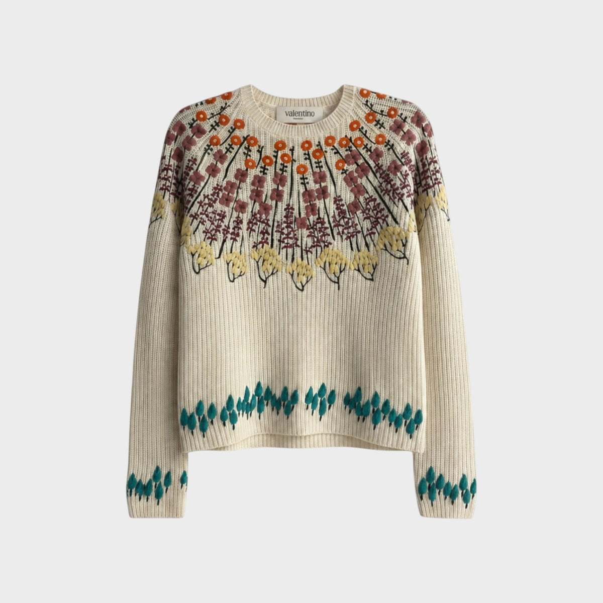Tasoni Valentino cream cashmere blend sweater featuring a colorful floral and geometric knit pattern