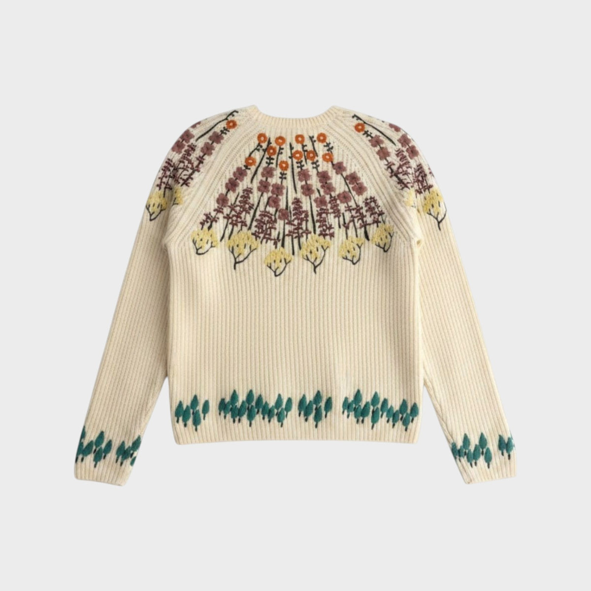 Tasoni Valentino cream cashmere blend sweater featuring intricate floral embroidery on the shoulders and hem.