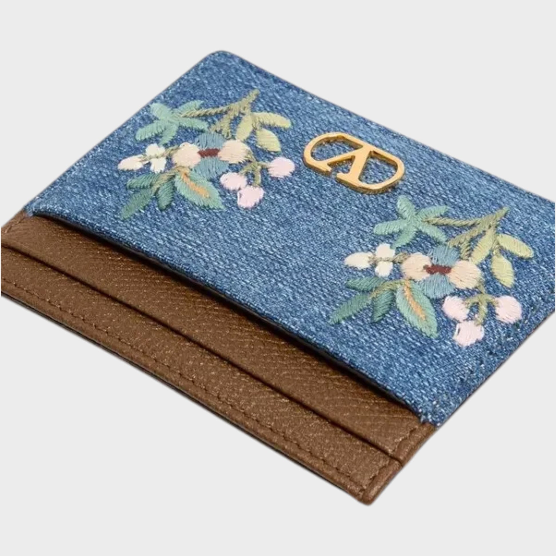 Tasoni Valentino V-Logo Signature denim card holder in blue with floral embroidery and gold hardware.