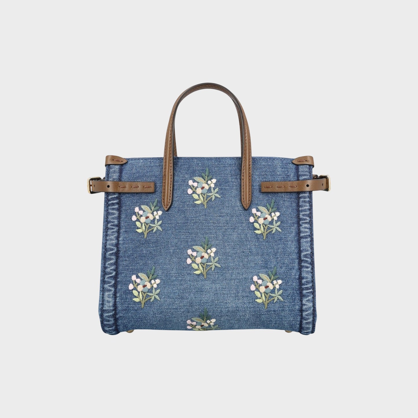 Tasoni Valentino small denim tote bag with multicolor flower bouquet embroidery and brown leather handles.