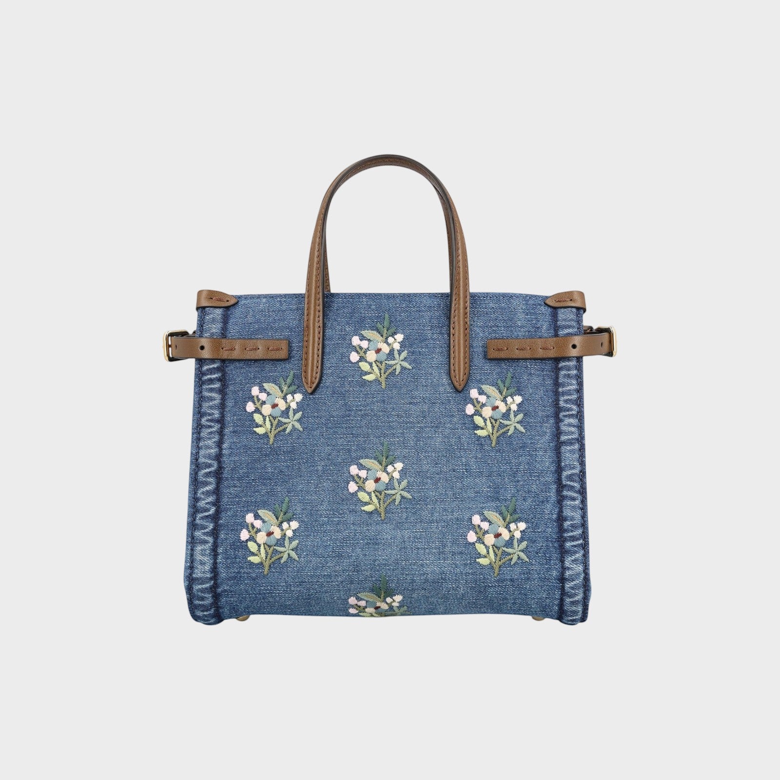 Tasoni Valentino small denim tote bag with multicolor flower bouquet embroidery and brown leather handles.