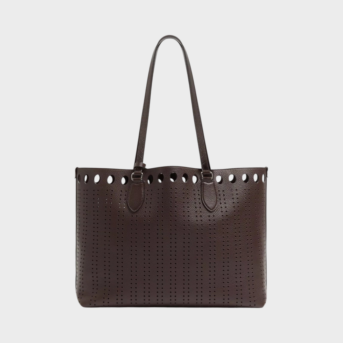 Tasoni Valentino Dottie medium shopping bag in dark brown perforated leather with top handles
