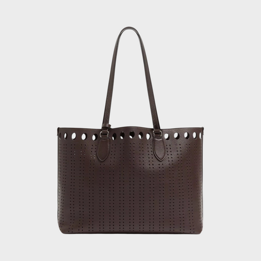 Tasoni Valentino Dottie medium shopping bag in dark brown perforated leather with top handles