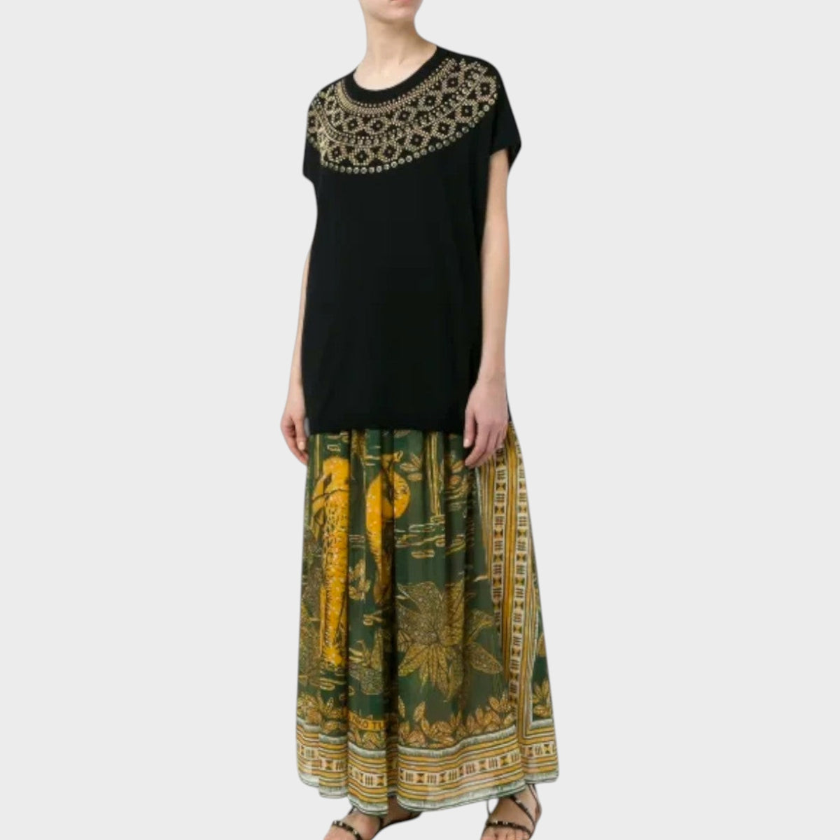Tasoni Valentino maxi skirt featuring a green and yellow elephant print with intricate border details