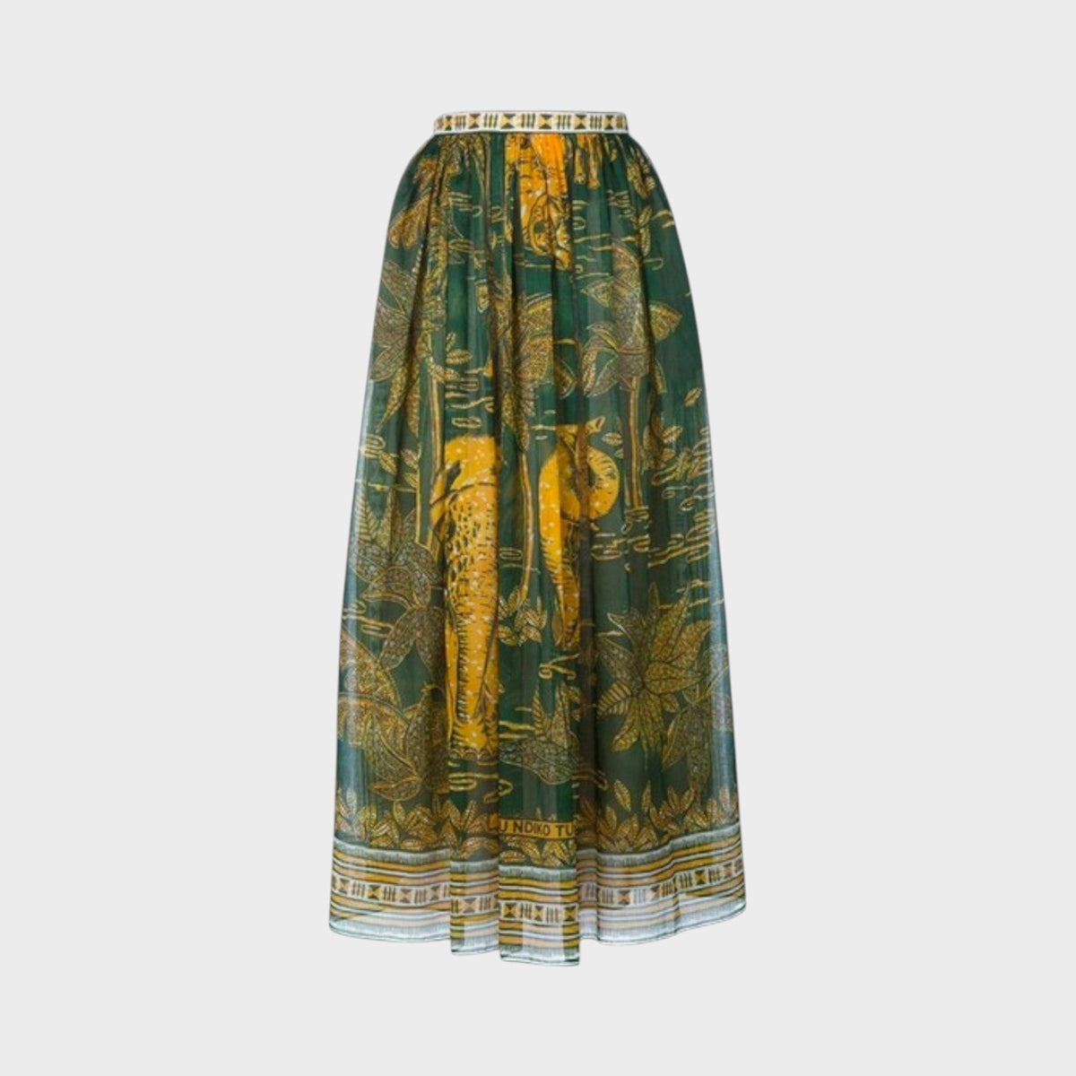 Tasoni Valentino maxi skirt in green and yellow with a detailed elephant and tropical foliage print
