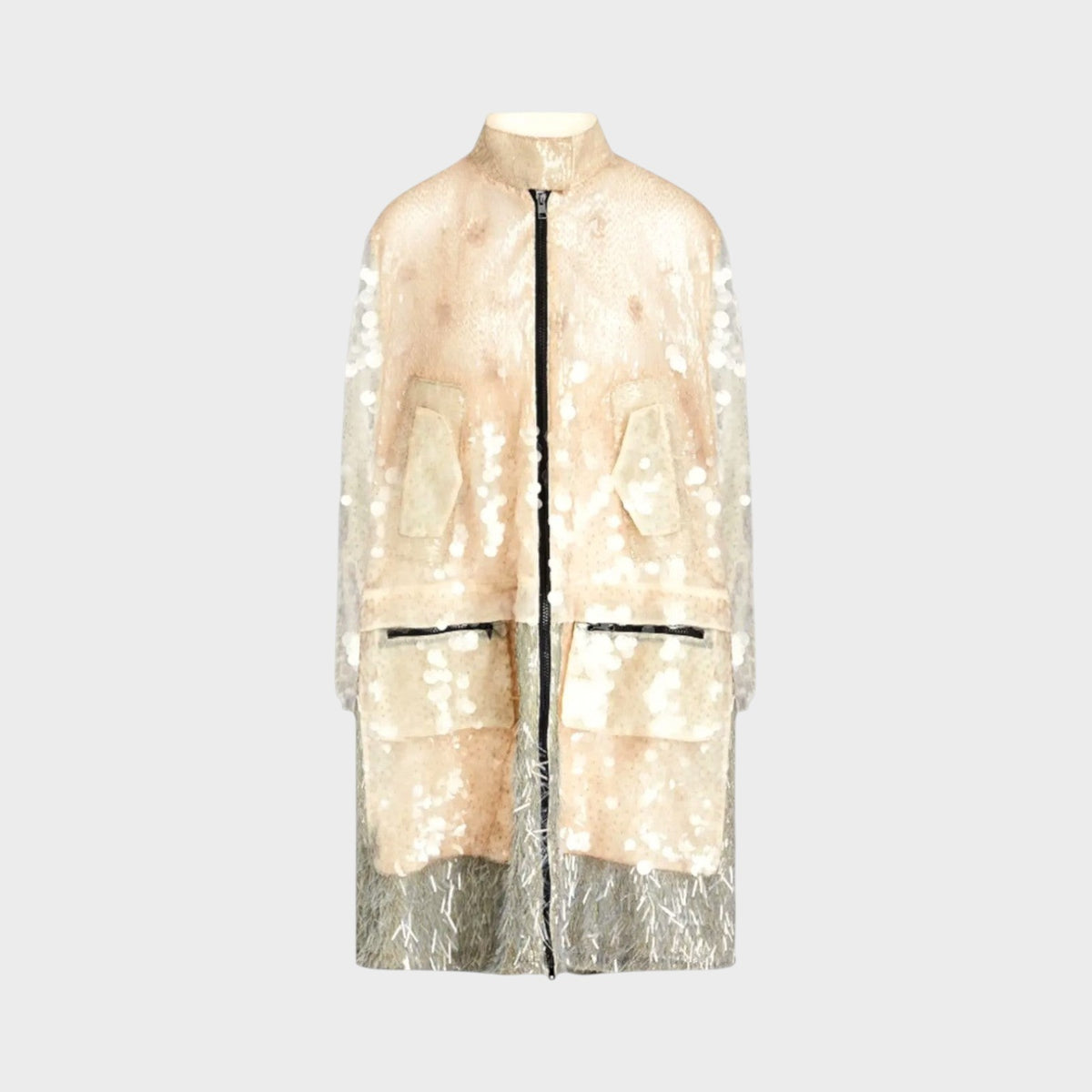 Tasoni Valentino embellished coat in sheer beige with shimmering sequins and a zip-up front design.