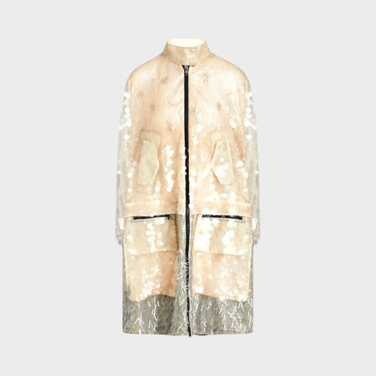 Tasoni Valentino embellished coat in sheer beige with shimmering sequins and a zip-up front design.