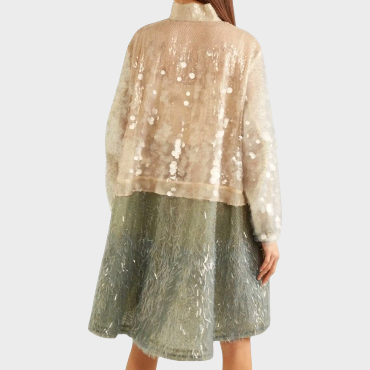 Tasoni Valentino embellished coat featuring a sheer sequined top and a textured green fringed skirt hem