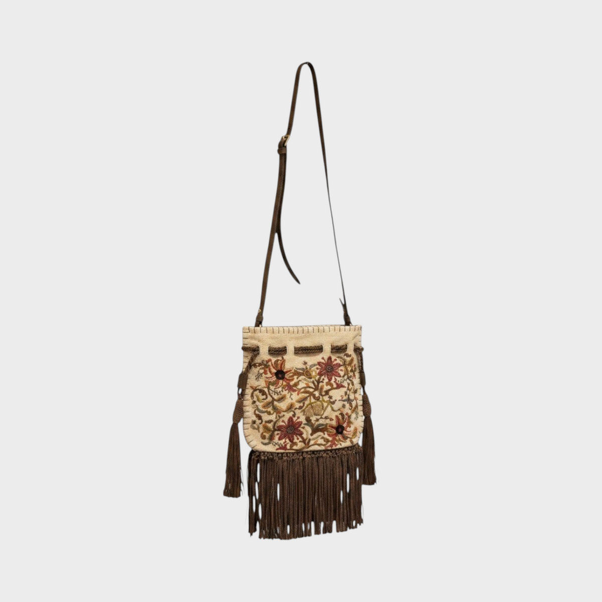 Tasoni Valentino small drawstring bag featuring intricate floral embroidery, beige canvas, and brown fringe trim.