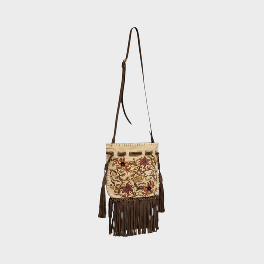 Tasoni Valentino small drawstring bag featuring intricate floral embroidery, beige canvas, and brown fringe trim.