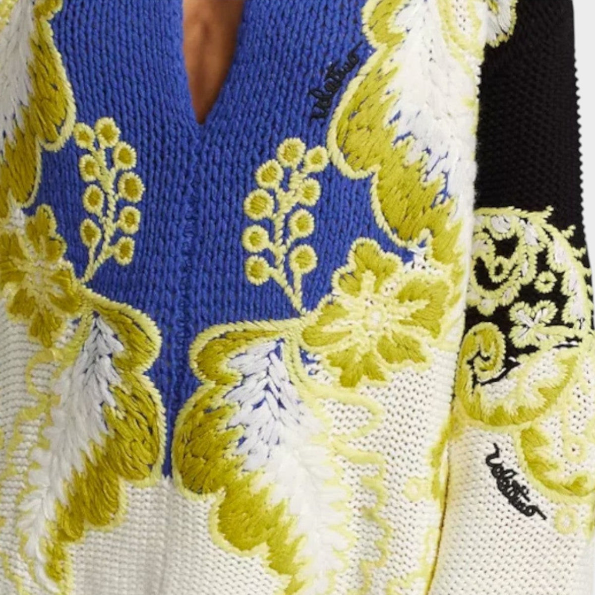 Tasoni Valentino cashmere and wool sweater featuring a blue, white, and lime green floral knit pattern