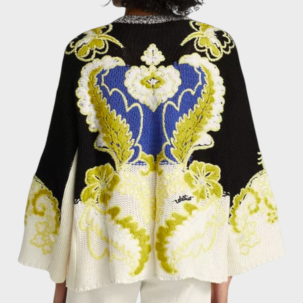 Tasoni Valentino cashmere and wool sweater featuring a black, blue, and lime floral intarsia knit back view