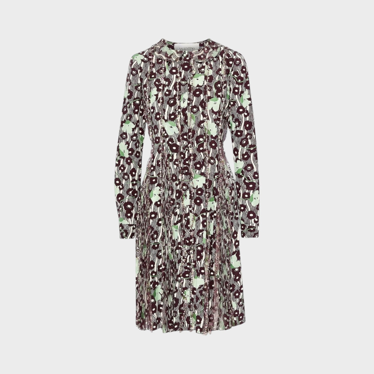 Tasoni Valentino long-sleeve midi dress featuring a dark burgundy and light green floral print with pleated skirt