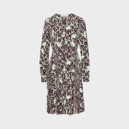 Tasoni Valentino long-sleeve midi dress featuring a dark burgundy and light green floral print with pleated skirt