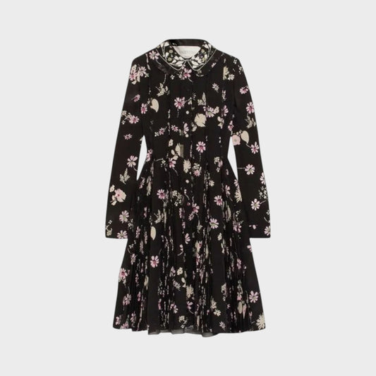 Tasoni Valentino black long-sleeve dress featuring a pink and white floral print and a delicate lace collar