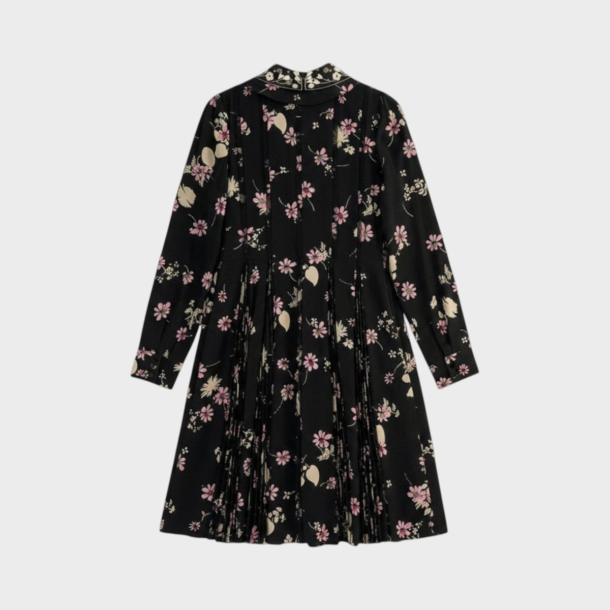 Tasoni Valentino black long-sleeve dress with pink and white floral print and pleated skirt detail