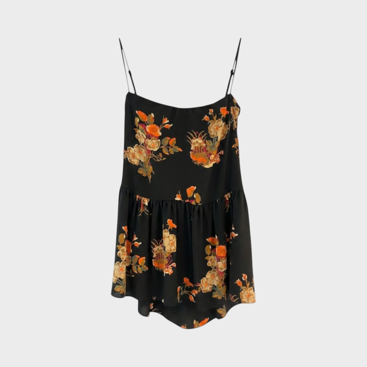 Tasoni Valentino black tank top featuring a delicate orange and yellow floral print with thin spaghetti straps.