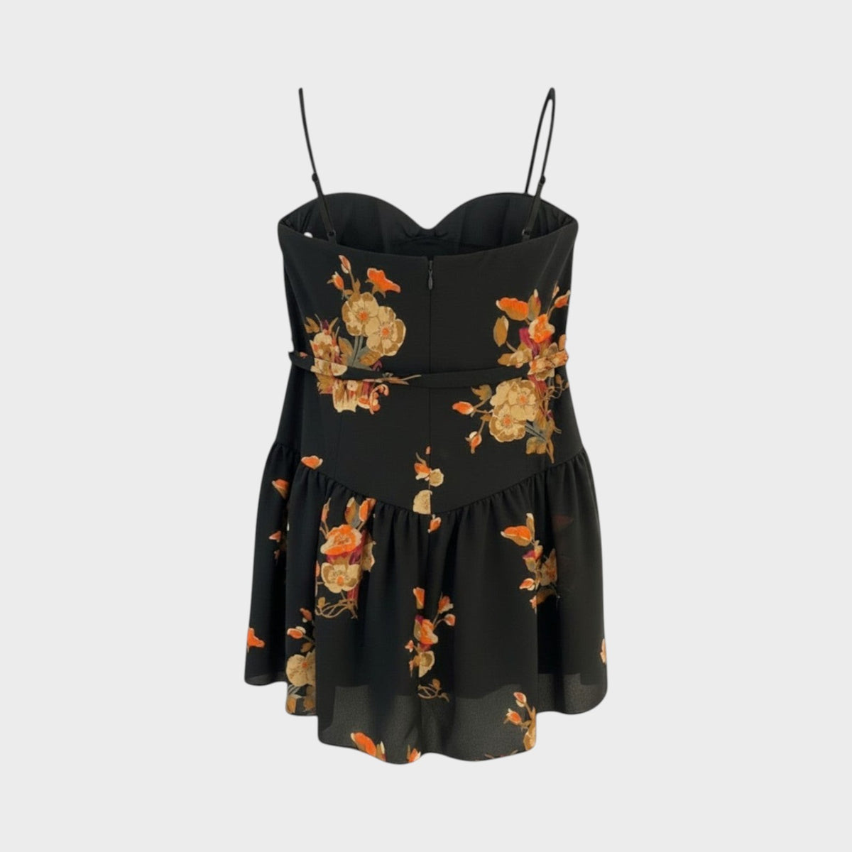 Tasoni Valentino black tank top featuring a sweetheart neckline and a vibrant orange and yellow floral print
