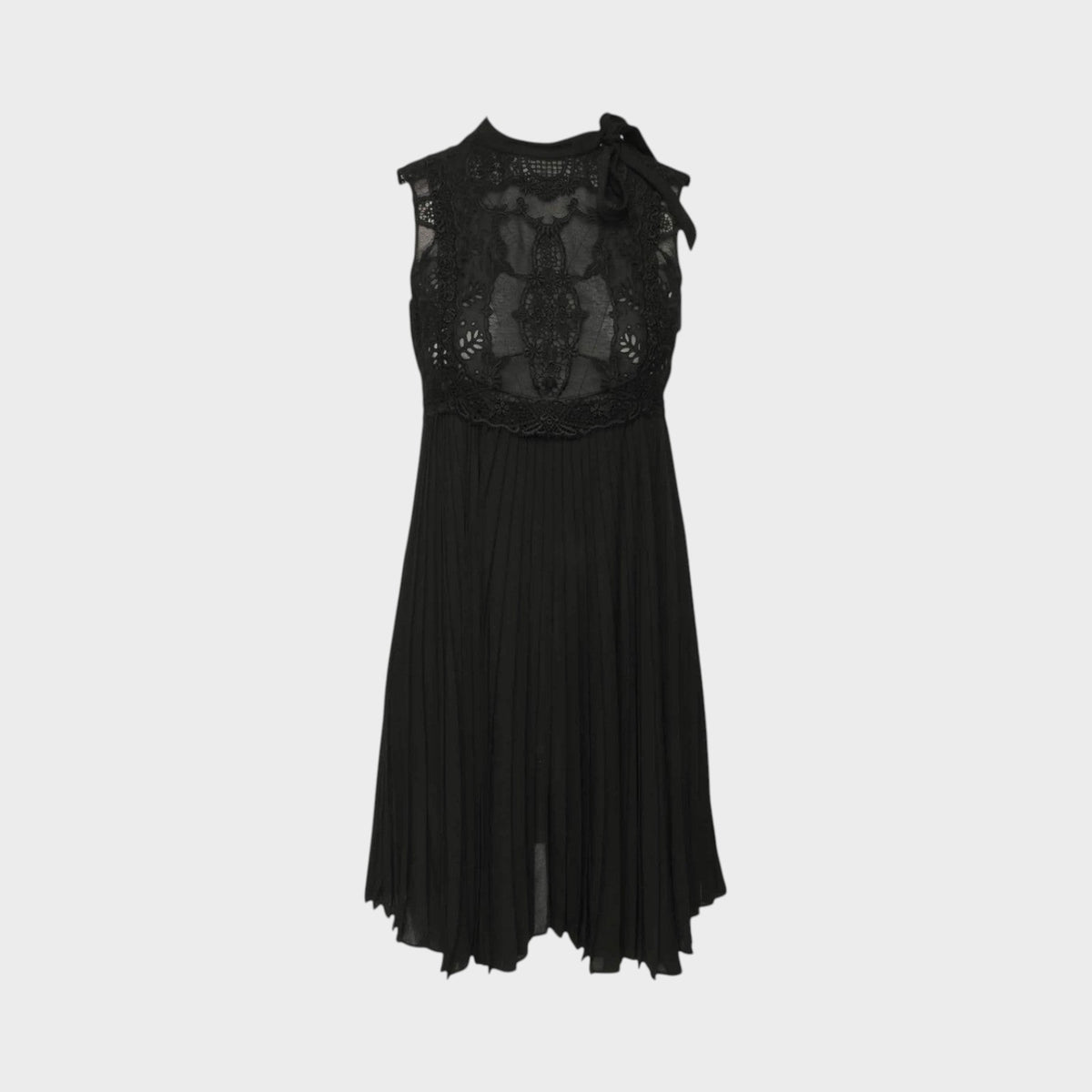 Tasoni Valentino Fusion black sleeveless dress with intricate lace bodice, high neck, and pleated skirt