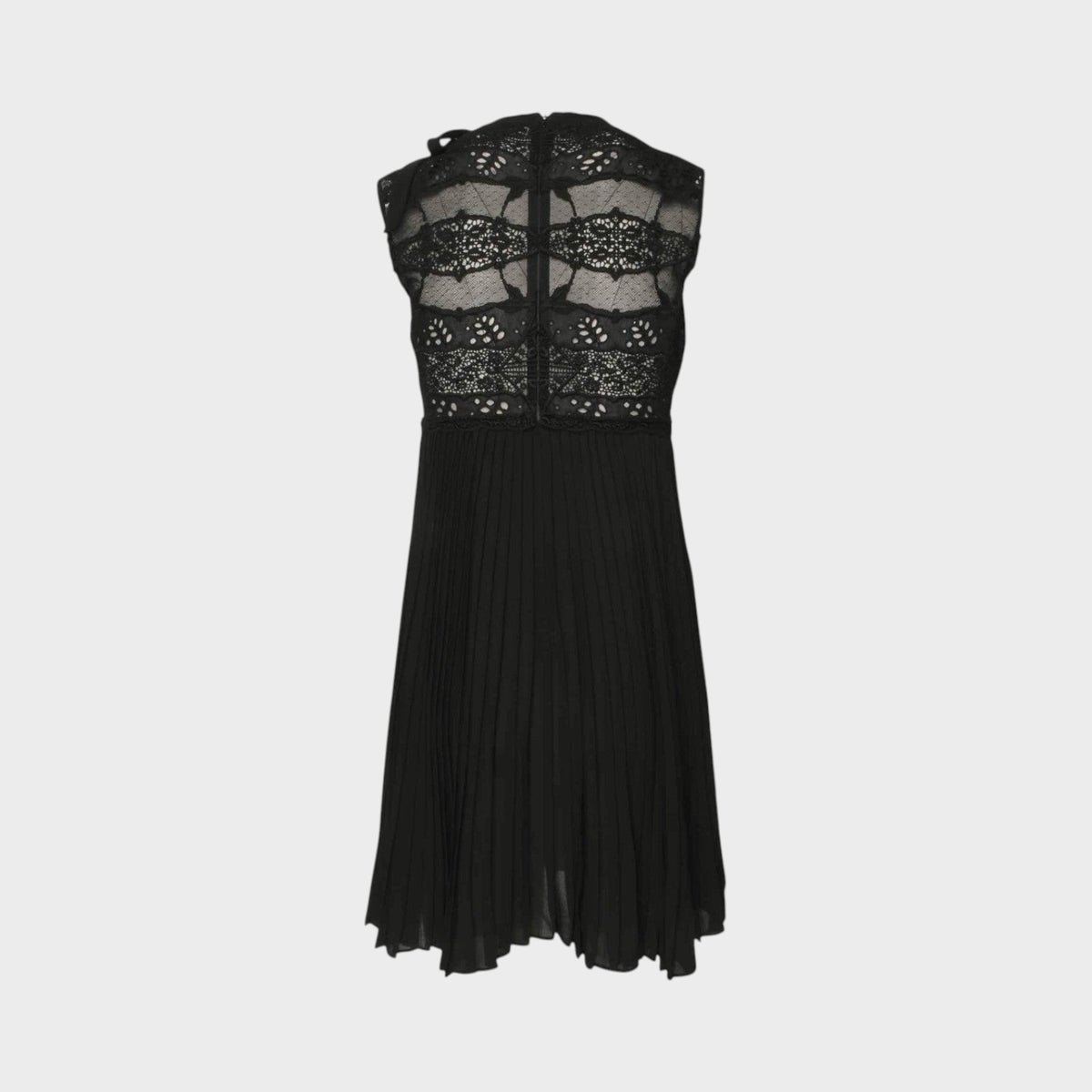 Tasoni Valentino Fusion black sleeveless dress featuring intricate lace bodice and a pleated skirt back view