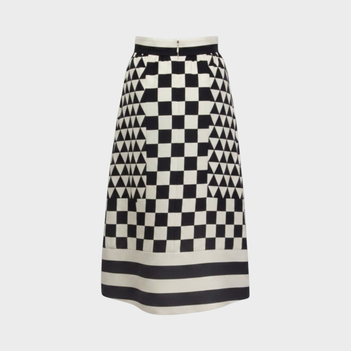 Tasoni Valentino midi skirt featuring a bold black and white geometric checkerboard and triangle print