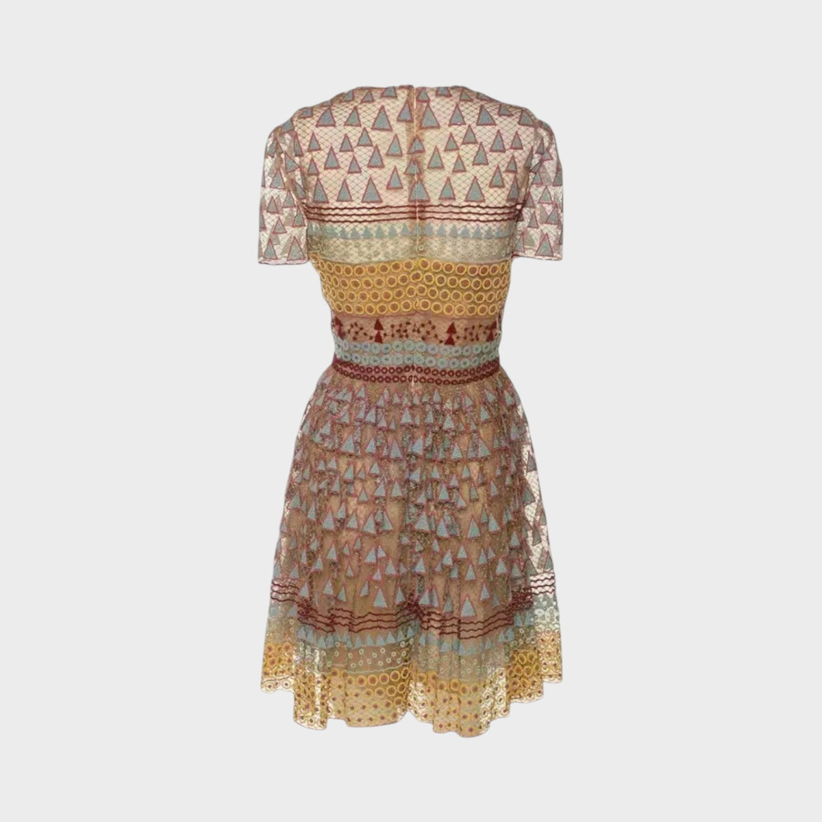 Tasoni Valentino Geometric Patch Veletta dress featuring intricate multi-colored embroidery and sheer lace detailing.