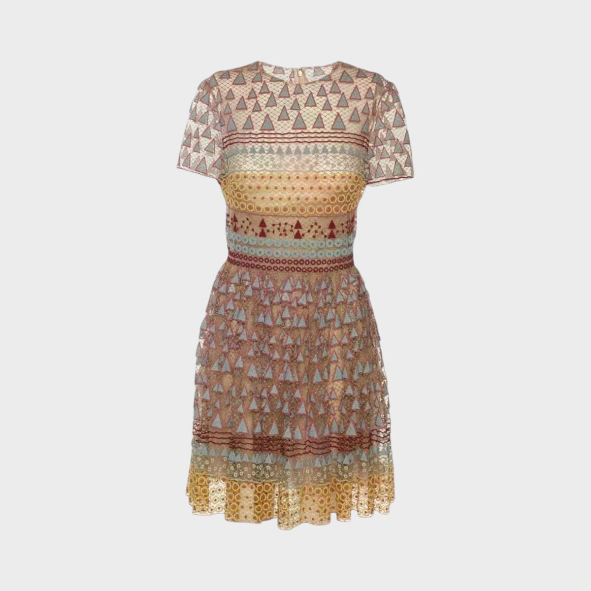 Tasoni Valentino Veletta dress featuring geometric triangle and circle embroidery in multi-coloured sheer fabric.