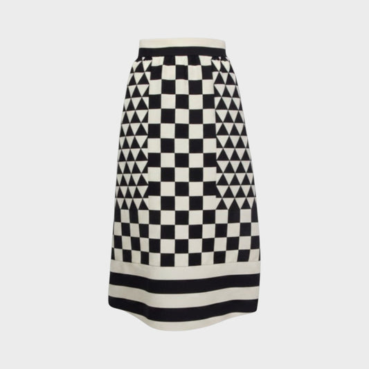 Tasoni Valentino geometric print midi skirt in black and white with a checkered and triangle pattern