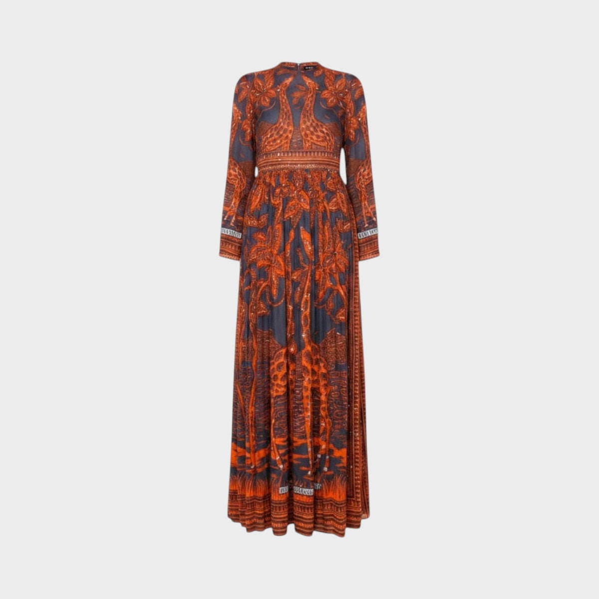 Tasoni Valentino long-sleeve maxi dress featuring a vibrant orange and dark grey giraffe and jungle print pattern.