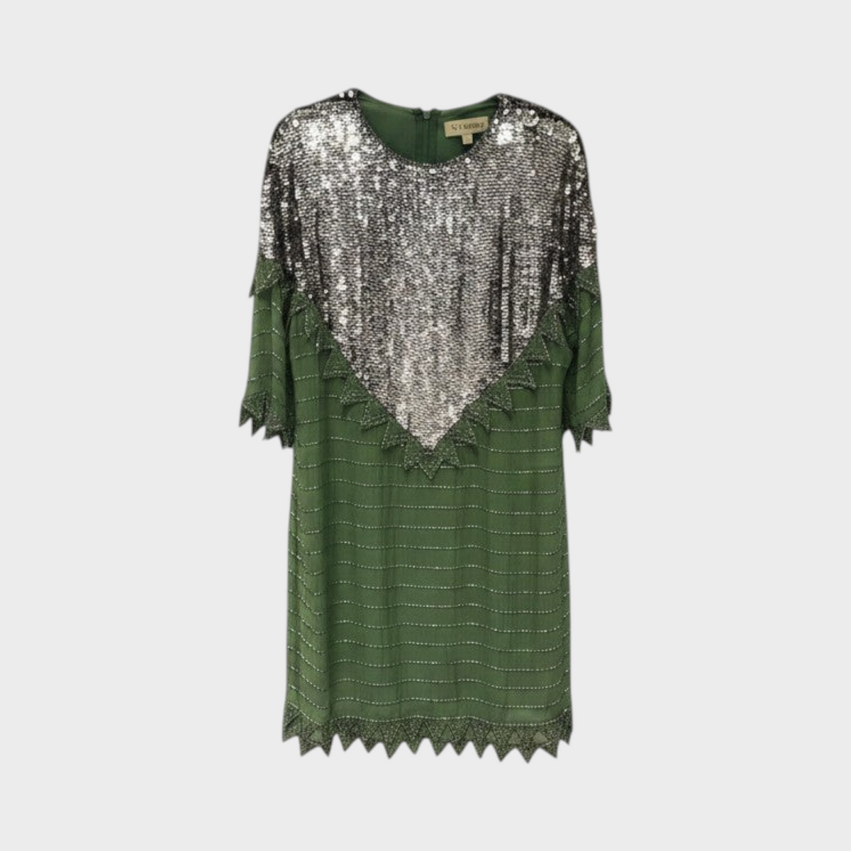 Tasoni Valentino olive green chiffon mini dress featuring silver sequin embellishments and a scalloped hemline.