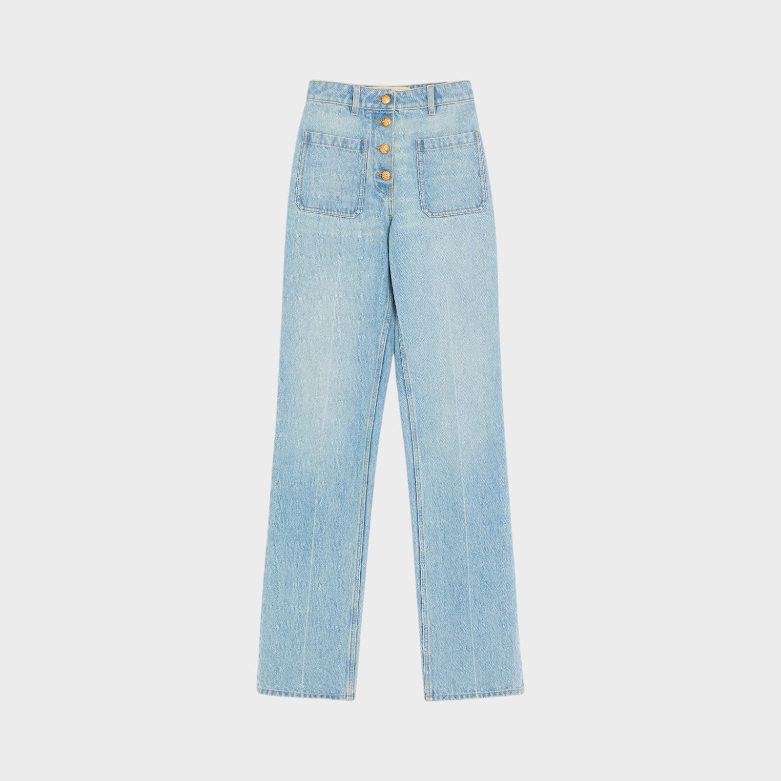 Tasoni Valentino high-waisted straight leg light wash denim jeans with button fly and patch pockets.