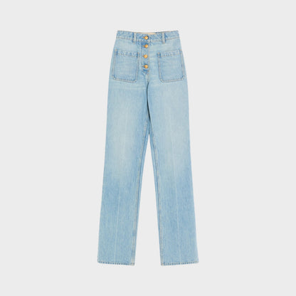 Tasoni Valentino high-waisted straight leg light wash denim jeans with button fly and patch pockets.