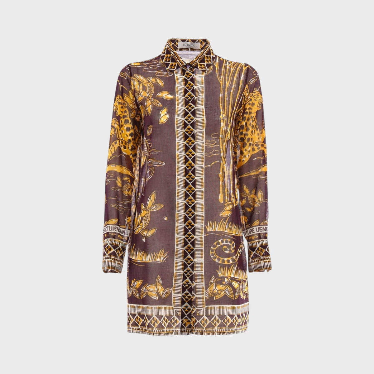 Tasoni Valentino long shirt in brown and gold with a detailed jaguar and botanical print and button-down front.