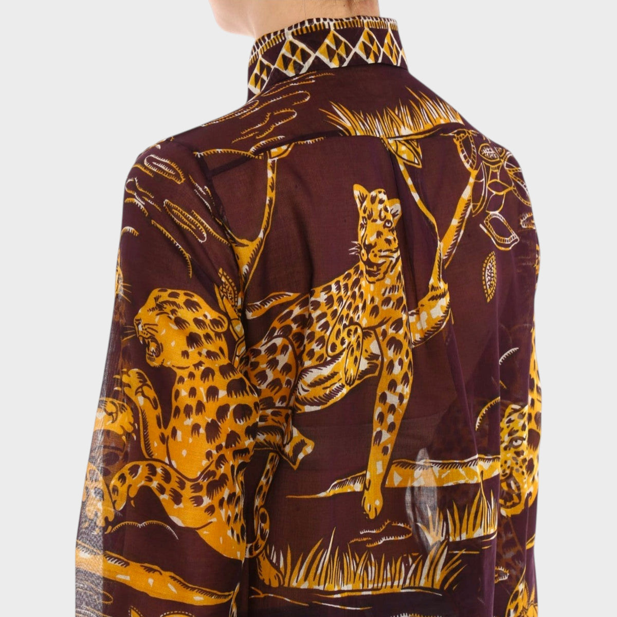 Tasoni Valentino long shirt in burgundy and yellow with a detailed jaguar jungle print and patterned collar