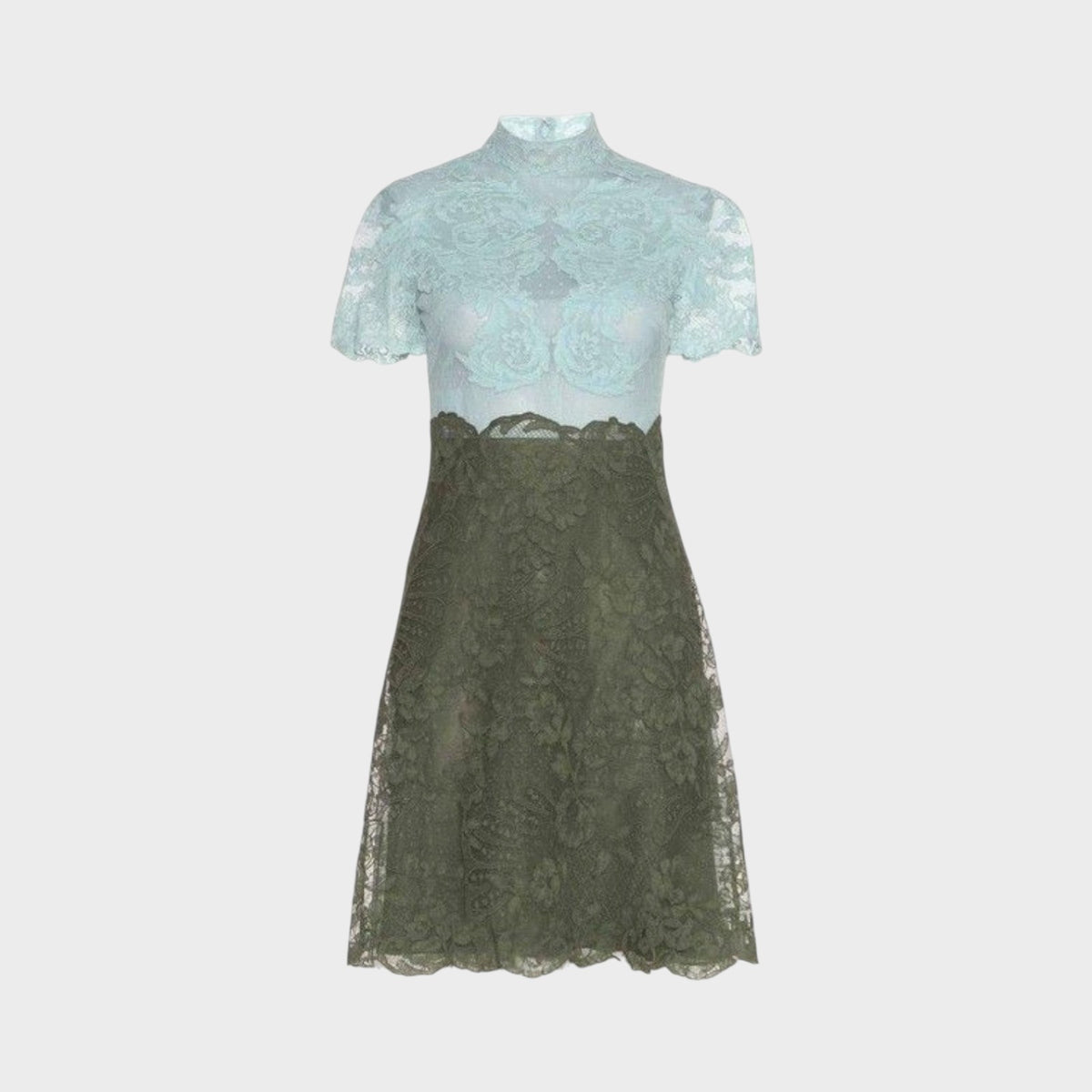 Tasoni Valentino bi-color lace dress featuring a light blue high-neck bodice and an olive green floral lace skirt.