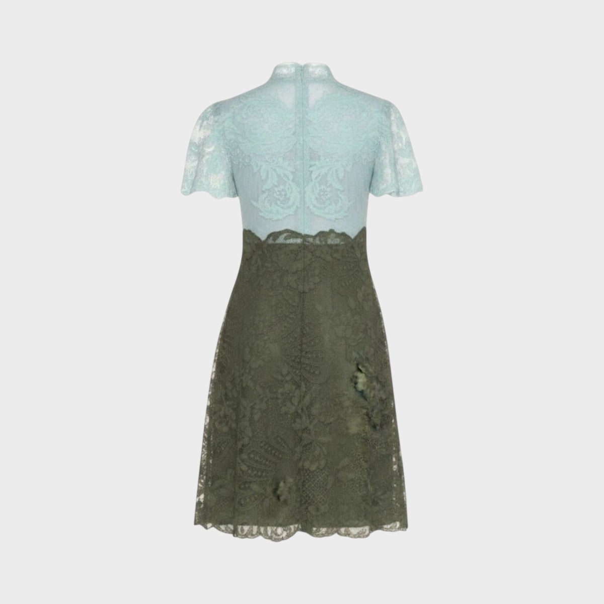 Tasoni Valentino bi-color lace dress featuring a light blue bodice and olive green skirt with floral embroidery.